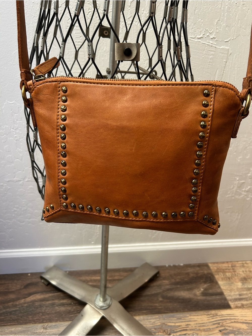 Vilenca Holland Cognac Leather Studded Crossbody Bag Boho Rustic